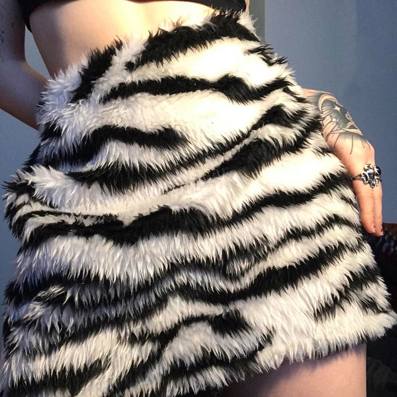 Zebra Stripes Faux Fur Bodycon Skirt
