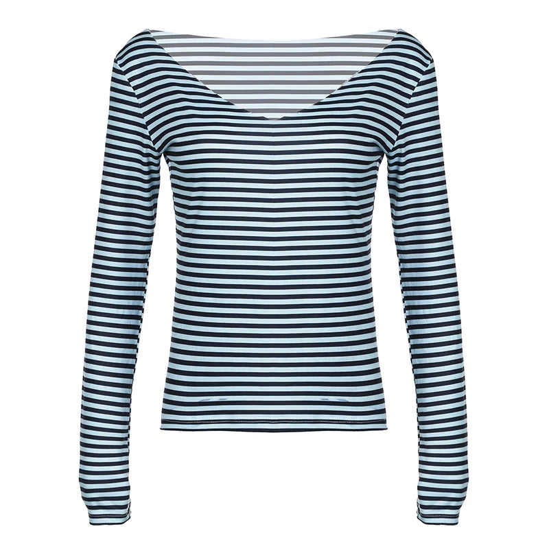 Strip Shirt Long Sleeve V-neck