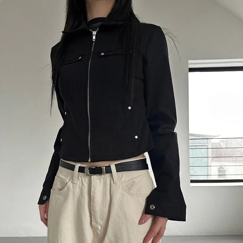 's Rivet Jacket Black Zip-Up with Pockets Long Sleeve Coats Cropped Design