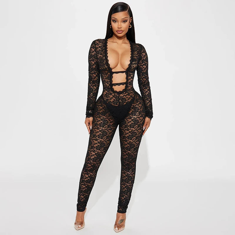 Hollow Out Deep V-Neck Lace See-Through Zipper Jumpuit Evening
