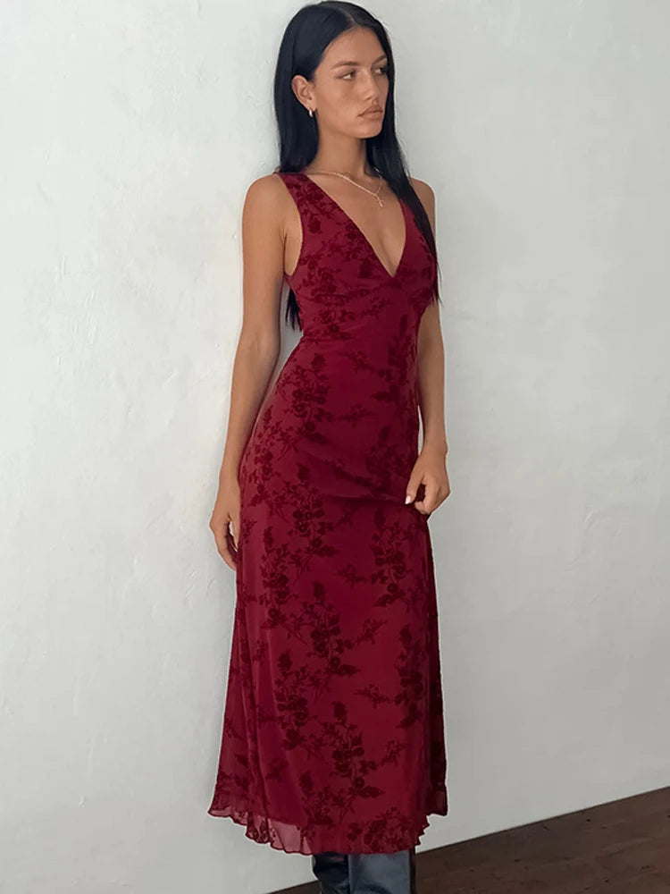 Printed Deep V Long Dress Floral Contrast Color Sleeveless Waist Slim Dress Long Dress