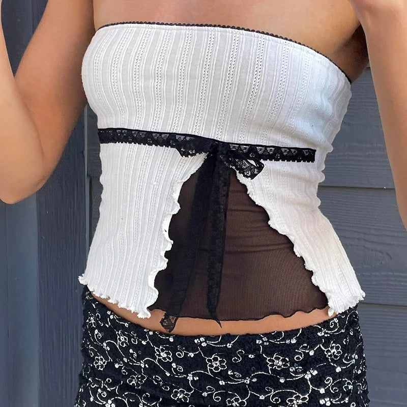 sweet Bow Crop Top Lace Patchwork Strapless Vests Sleeveless Slim Camis
