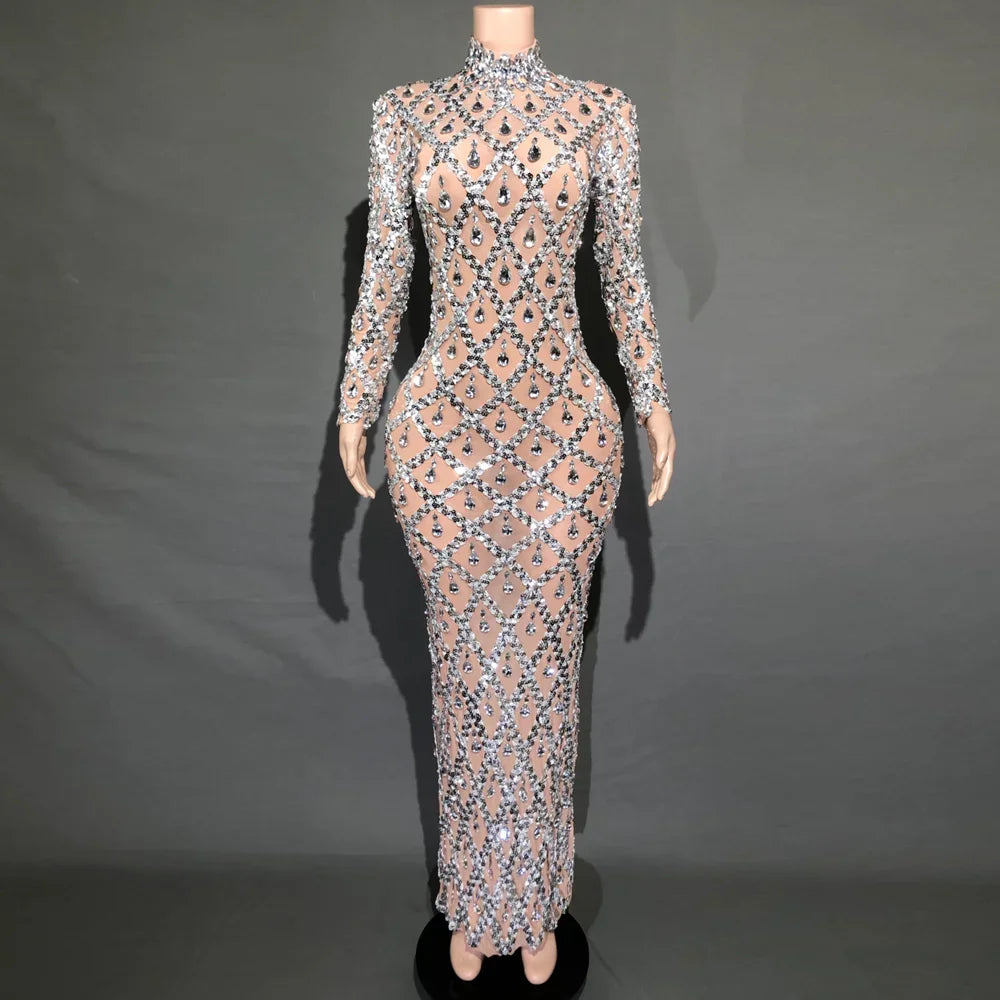 Sparkly Sequins Crystals Long Dress Prom Birthday Dress Transparent Performance Costume Show Stage Wear