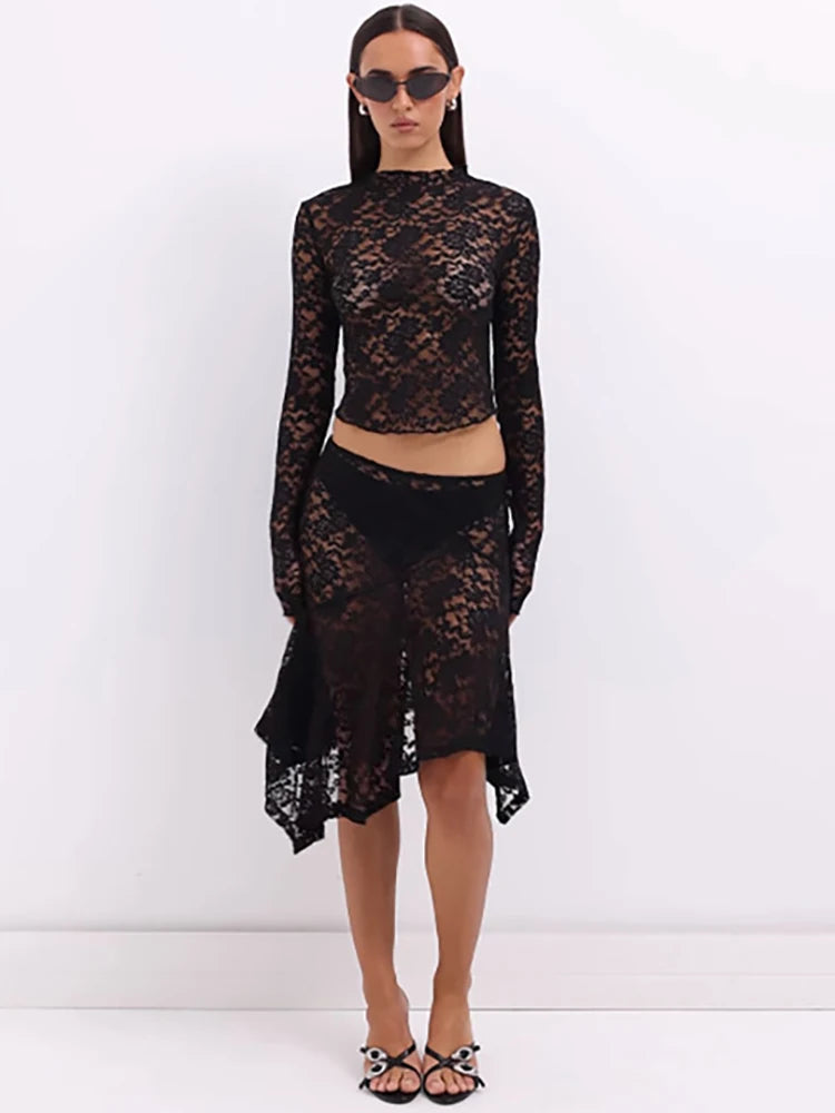 See Through Lace Skirt Suit Black Round Neck T-shirt Mini Skirt Two Piece Set