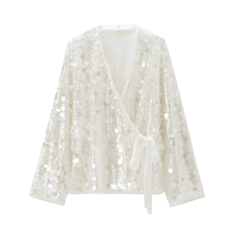 Sequin Kimono Jacket Coat Long Sleeve V Neck Loose Outer Lady Wrap