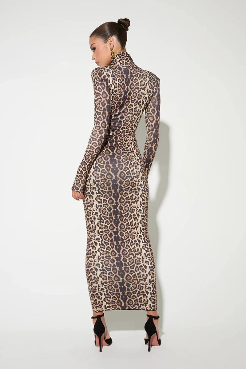 Leopard Long Sleeve Maxi Dress Turtleneck ed Bodycon Long Dress