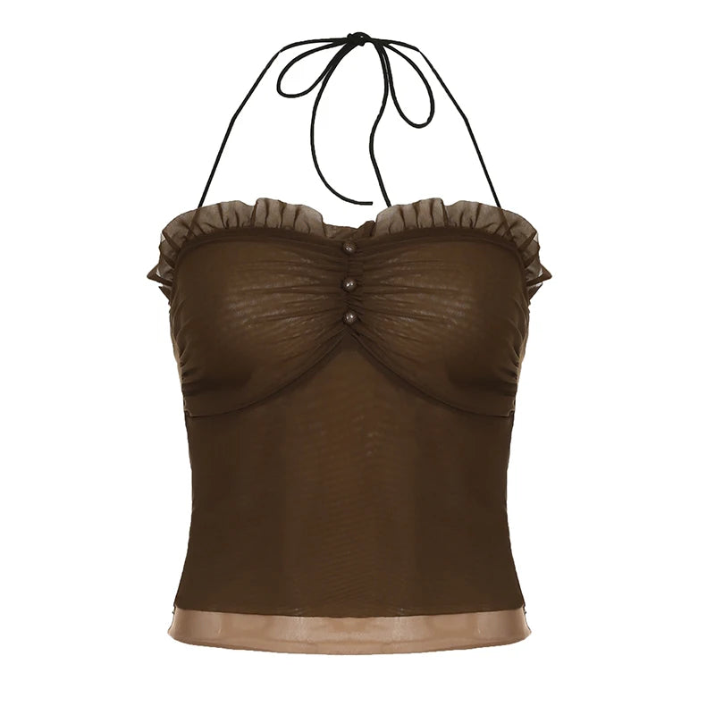 Mesh Dress Sets See Through Slim 2 Piece Sets Slash Neck Camis Top Low-Waisted Mini Skirts