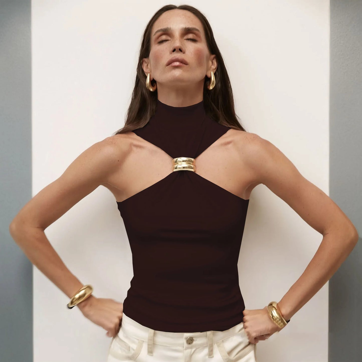Turtleneck Knit Tank Top Vest Pullovers Metal Ring Camisole Sleeveless Knitted Top Cropped Top