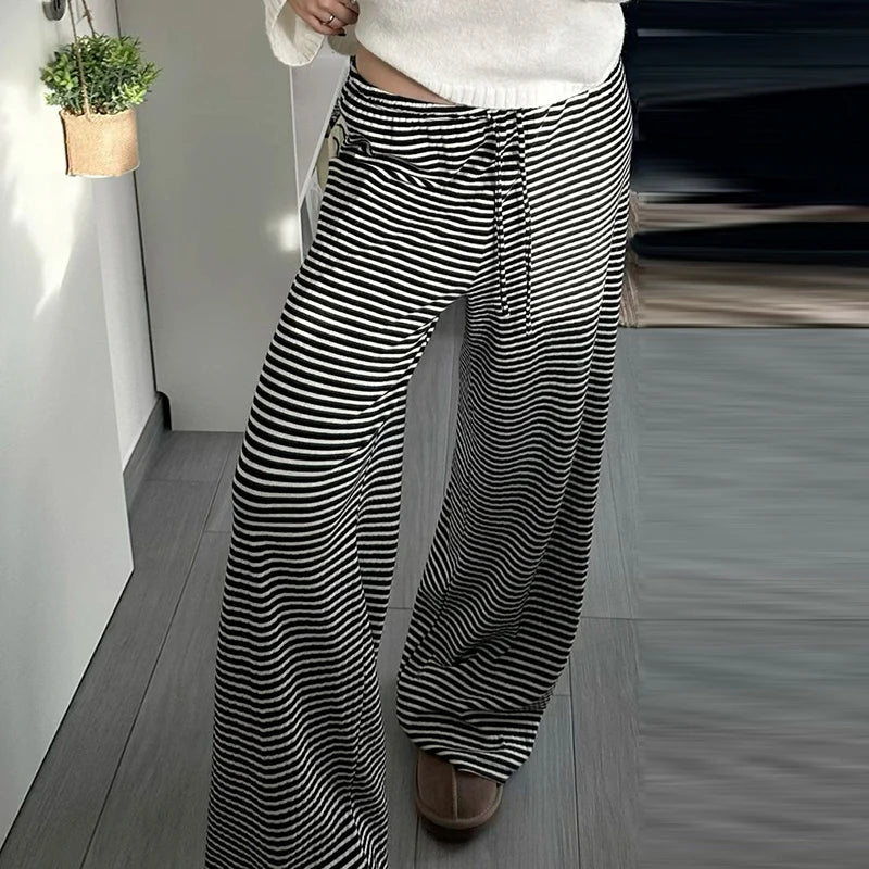 Striped Print Loose Pants Lace-up Trousers Bottoms