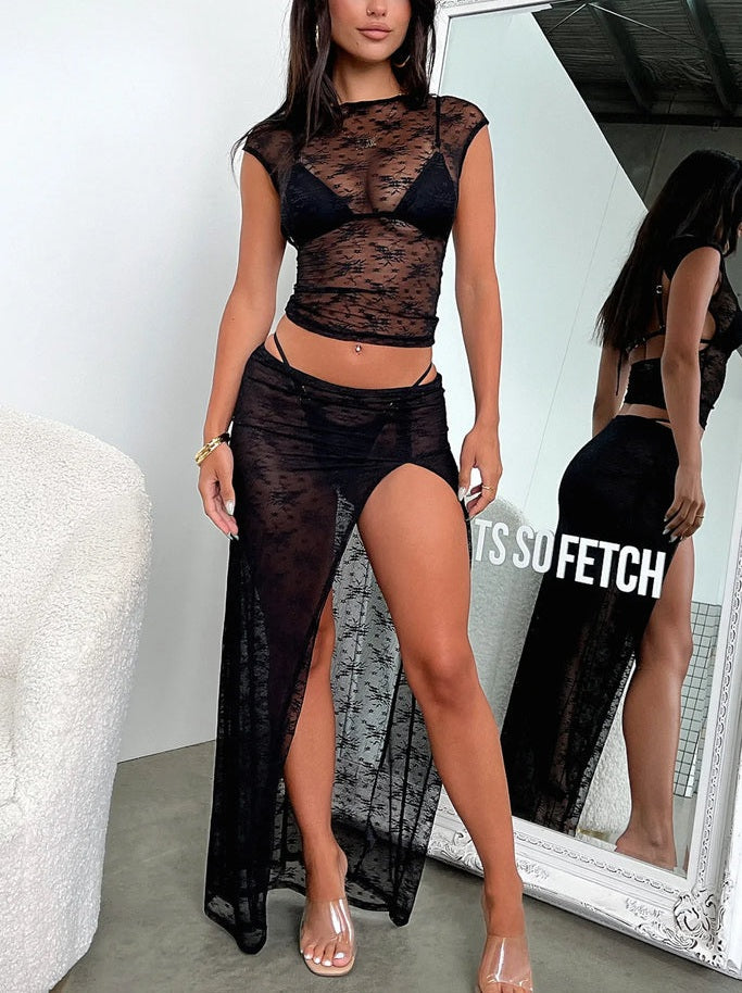 TwoPiece Lace See-through Cover Ups Set Sheer Cap Sleeve Backless Crop Top Low Waist High Slit Long Skirt