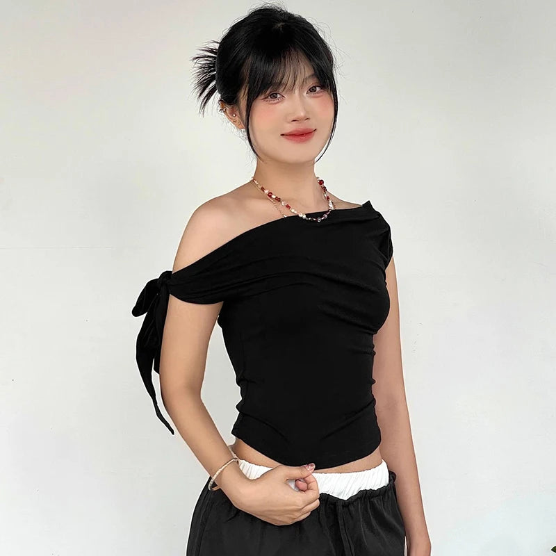 In Shrink Pleat One-Shoulder Crop Top Backless Twit Tie Aymmetric T-Shirt Top
