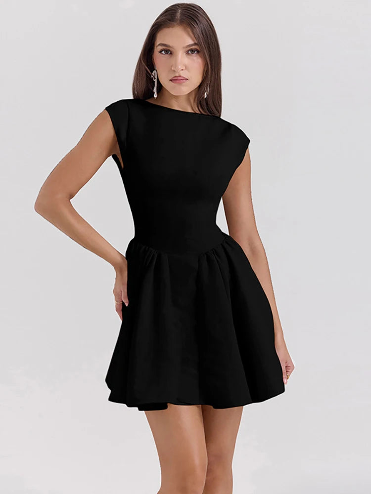 Backless A-line Dress Black Sleeveless High Waist Dress Slim