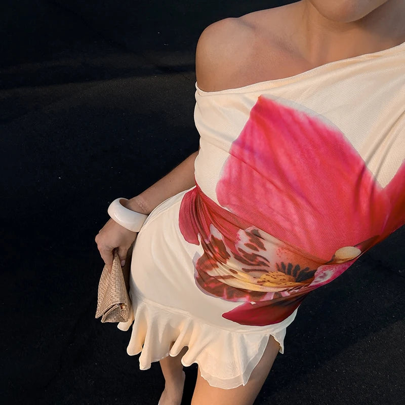'S Spring Slant Collar One Shoulder Floral Print Patchwork Oblique Slit Hem Dress able