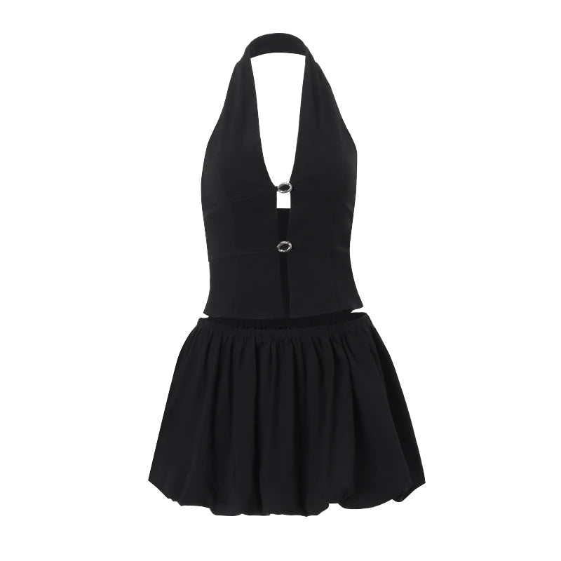 Black Backless Top And Puff Mini Skirt Set