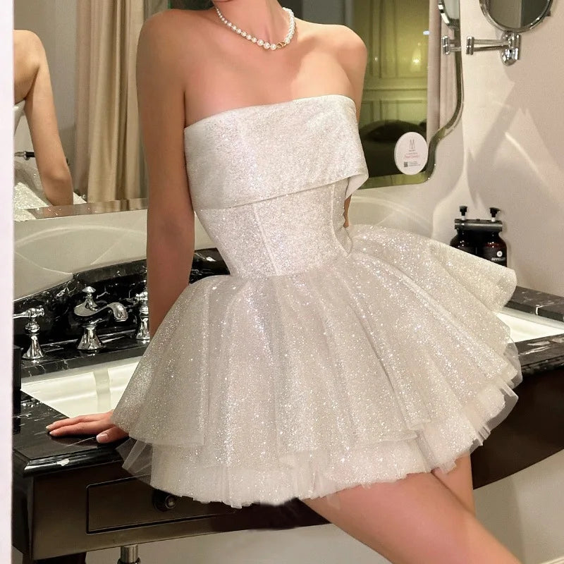 Strapless Shiny Dress White Backless A-line Dress Slim