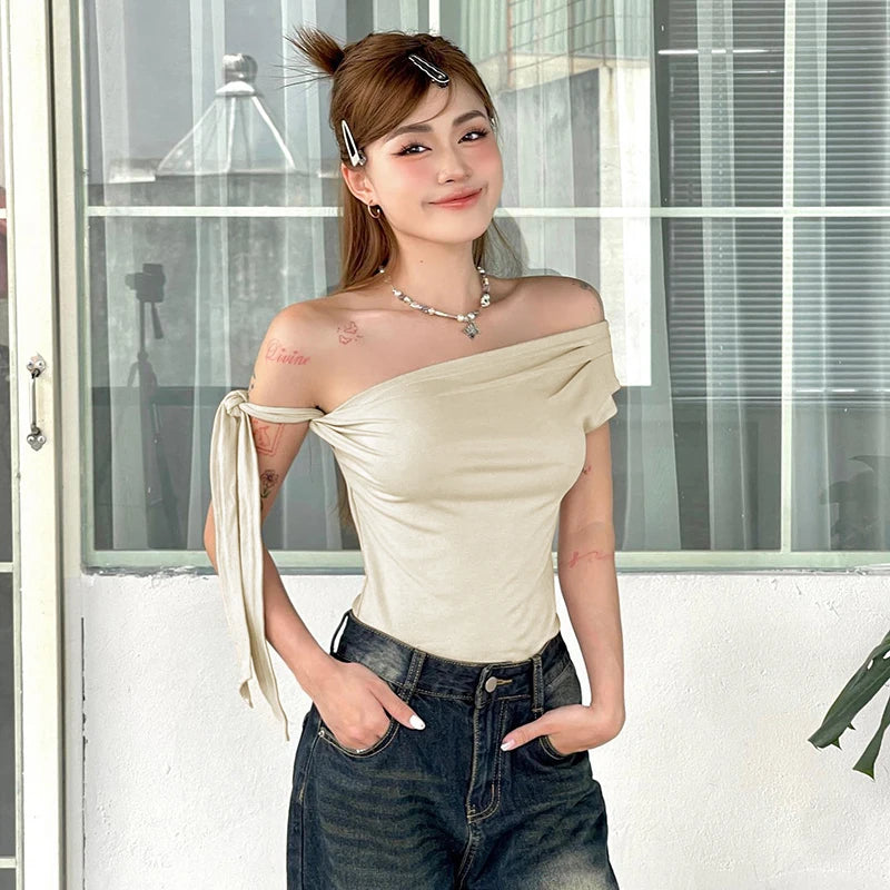 In Shrink Pleat One-Shoulder Crop Top Backless Twit Tie Aymmetric T-Shirt Top