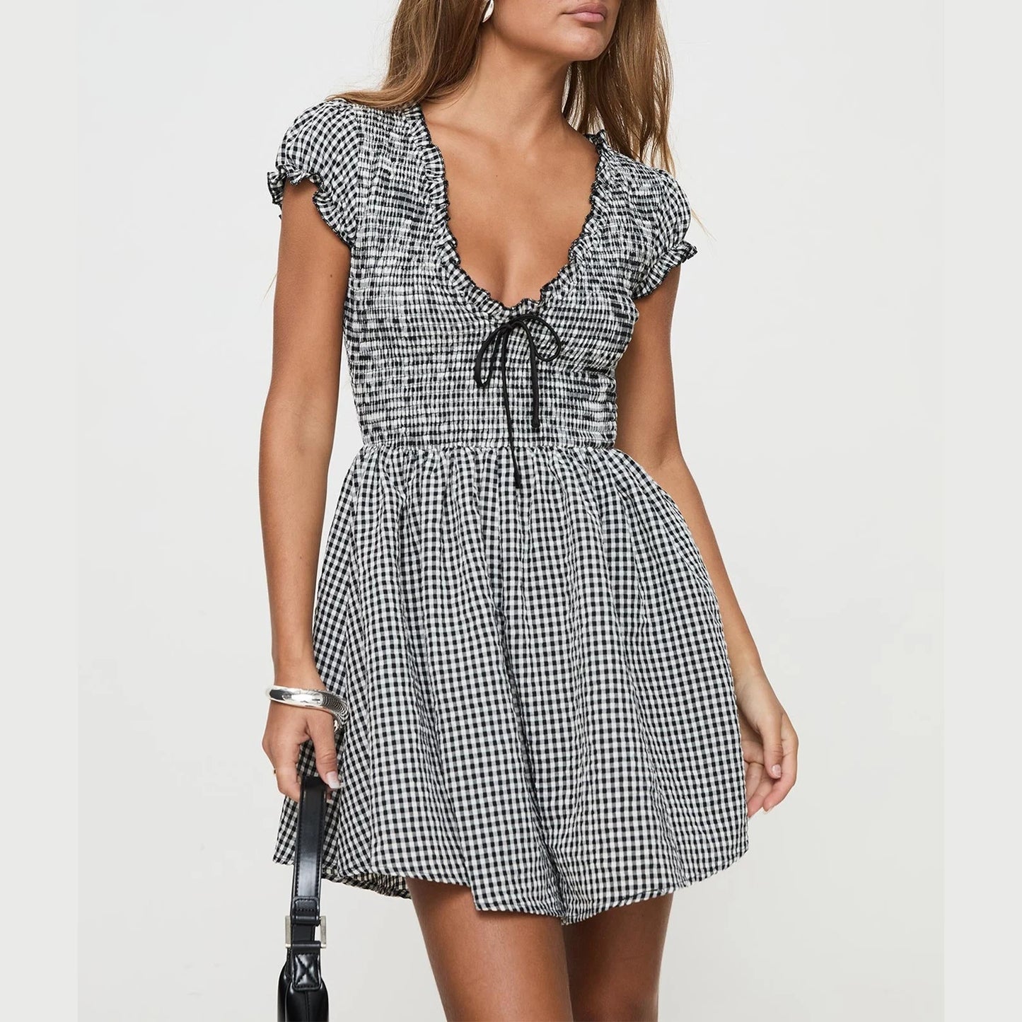 Y2k Gingham Playsuit Short Sleeve Smocked Babydoll Bodysuit Rompers Flowy A-Line Dress Retro