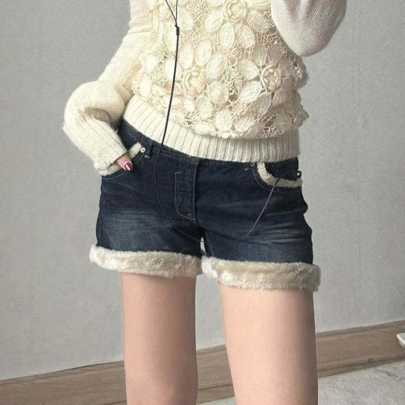 Fur Patchwork Denim Shorts Low Waisted Bottoms Cotton Pants