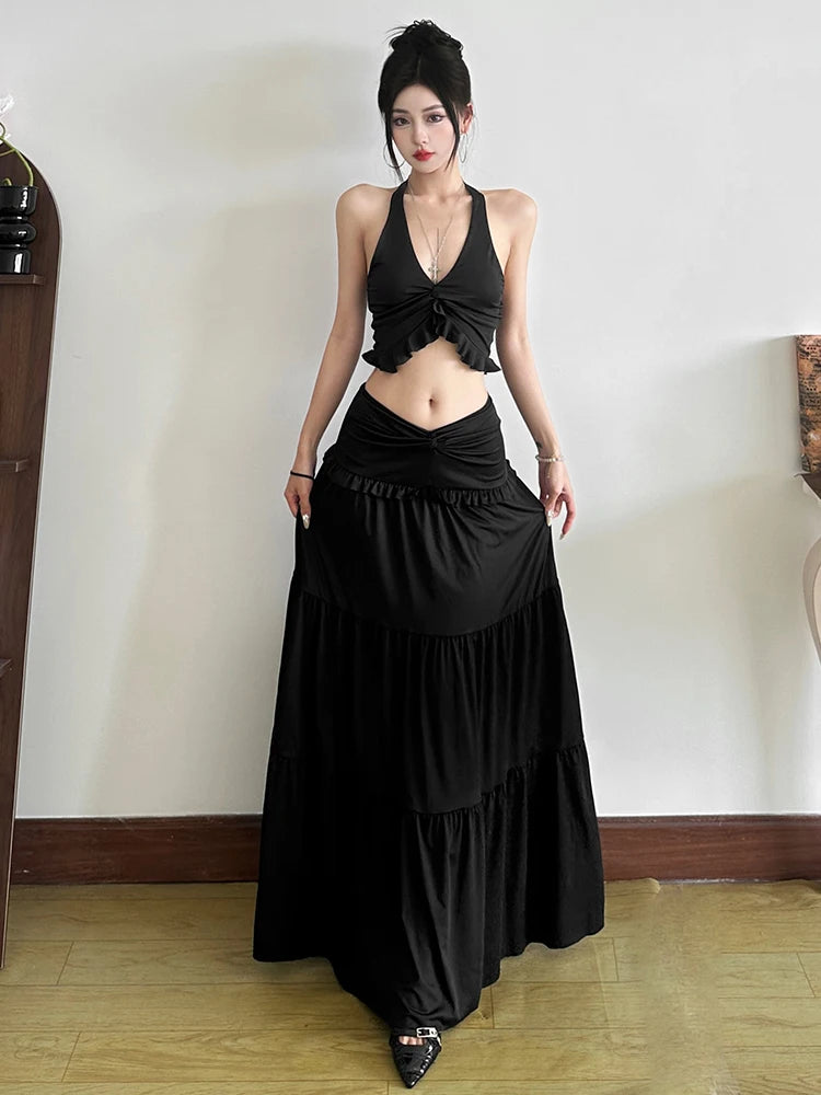 Two Piece Set Halter Backless Crop Camisole Waist Ruffles Long Skirt Ruched Street Suits