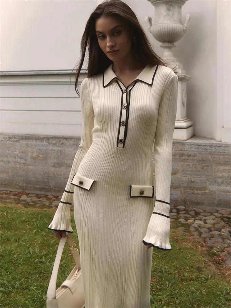 Ruffled Knit Dress Ribbed Contrast Long Sleeve High Waist Lapel Gown Dress Knit Ladies Maxi Dress