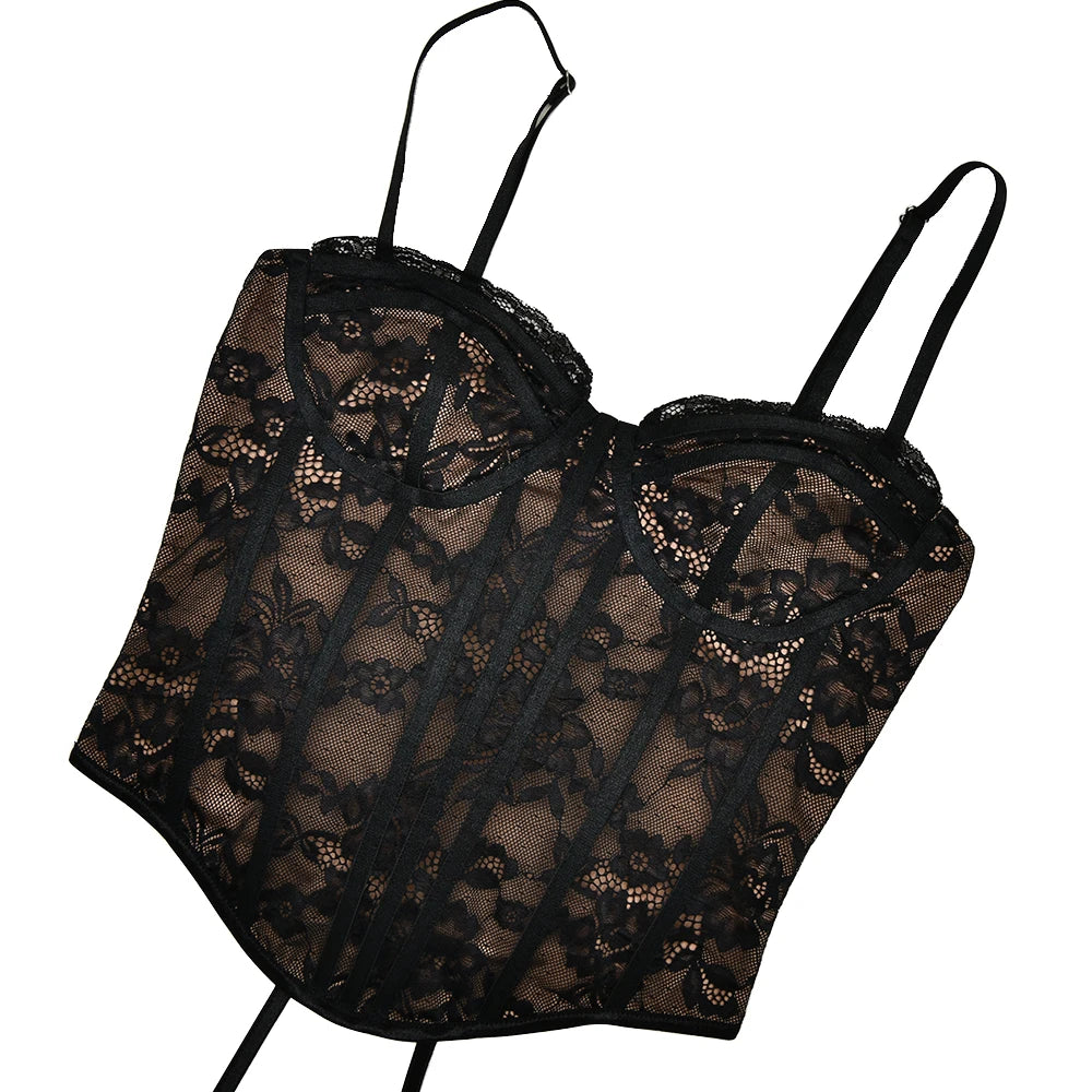 See Through Lace Two Piece Sets Tops Long Sleeve Print Floral Tops