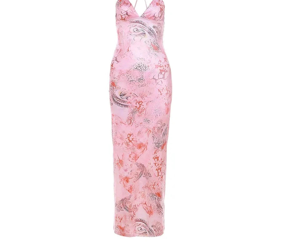 Butterfly Maxi Dress Print Backless Spaghetti Straps V Neck Halter Bodycon