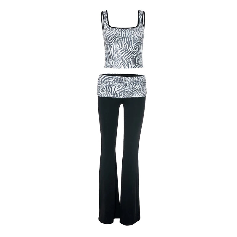 'S Leopard Print Crop Top Vest Low Waist Patchwork Microflare Pants Set