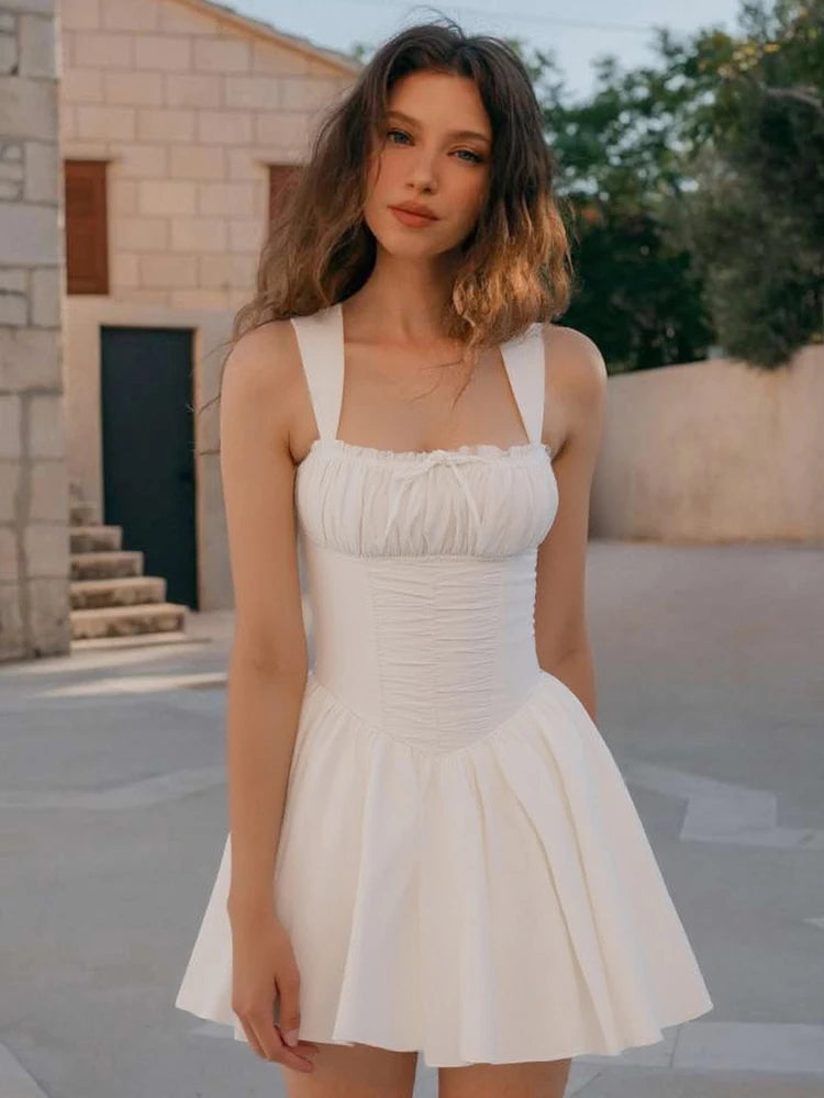 Claic Pleat Mini Dress Sleevele Square Neck Lace Up A-line Bodycon