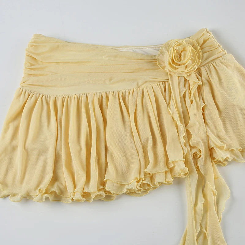 Yellow Flower Pleated Ruffles Low-Waist Mini Skirt