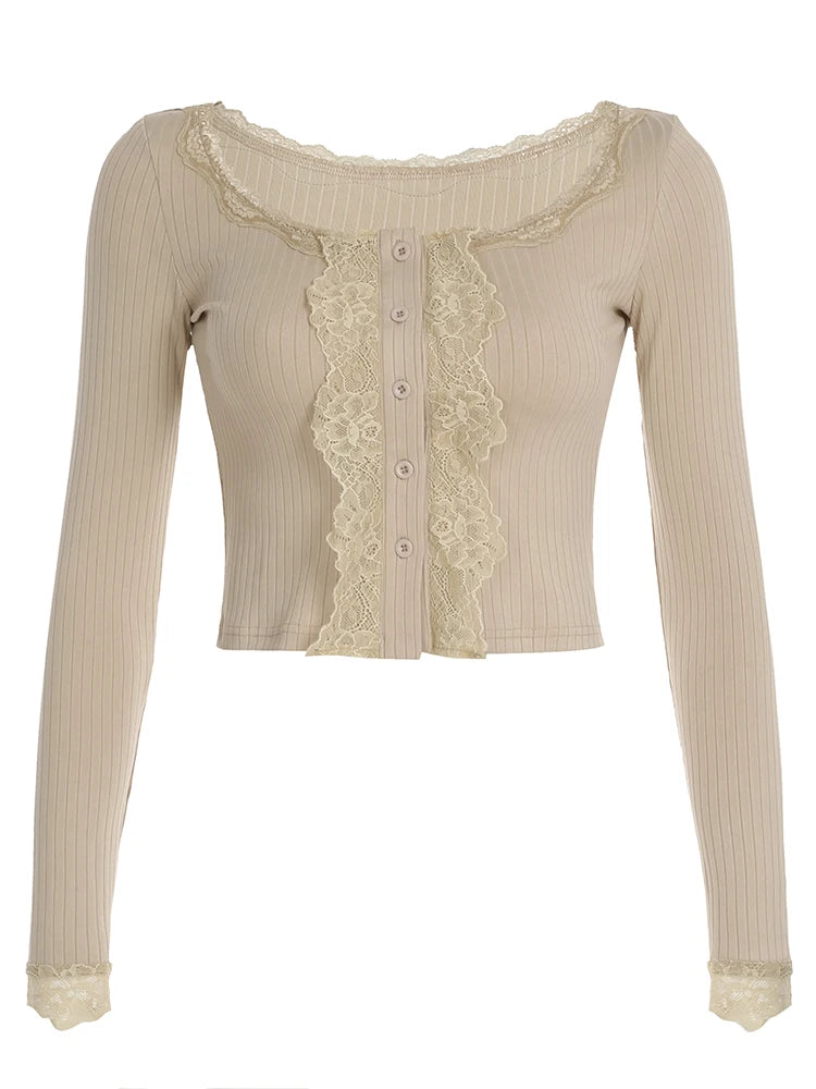 Lace Patchwork Khaki Crop Tee Shirts Buttons Crewneck Top Tee