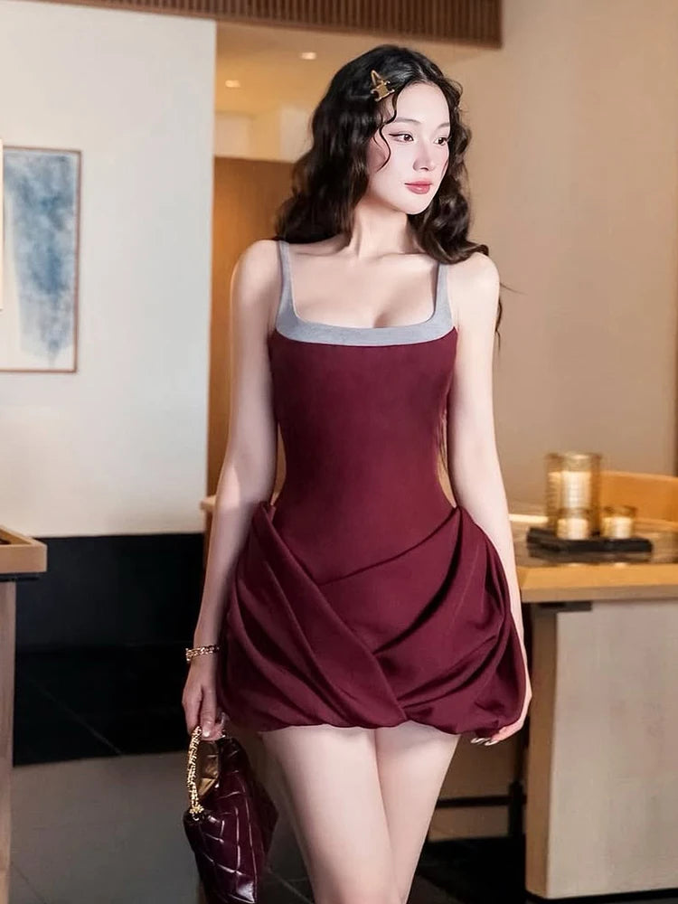 Backless Dress Patchwork Square Collar Sleeveless Ruffles Cross Hem Slim Mini Bodycon