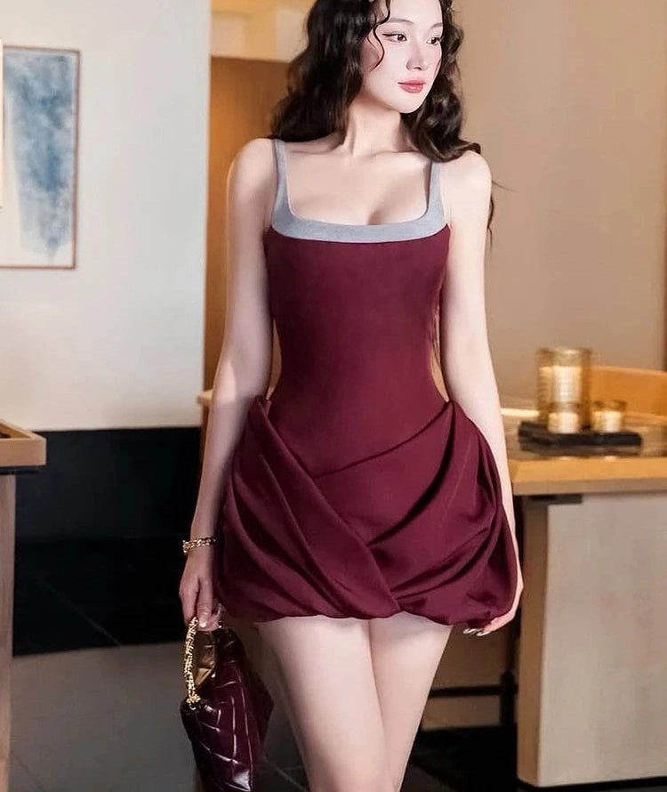 Backless Dress Patchwork Square Collar Sleeveless Ruffles Cross Hem Slim Mini Bodycon