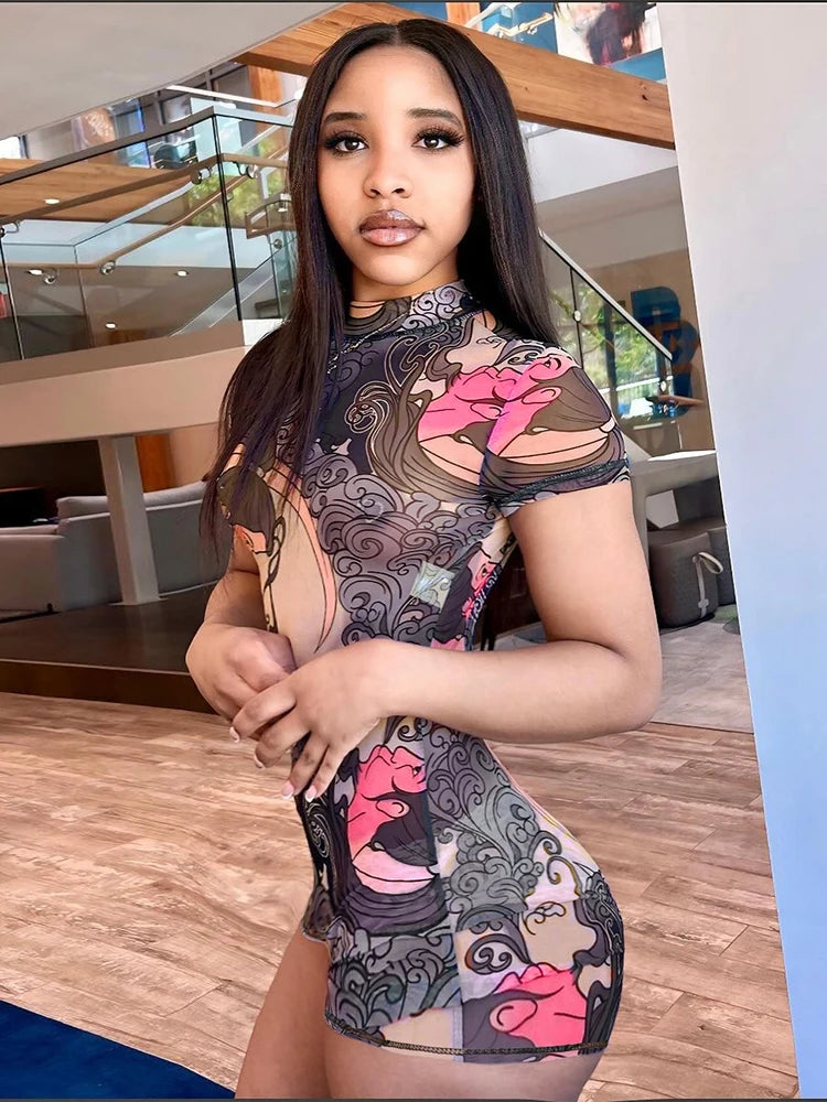 Playsuit Mesh See Through Peach Buttocks Shorts Sleeve Backless Print Romper