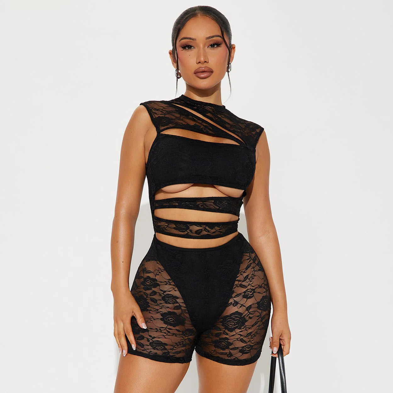 'S Lace Patchwork Playsuits Hollow Out See-Through Round Neck Sleeveless Zipper Tight Playsuits