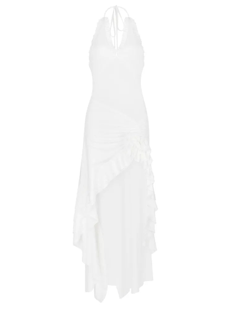 White Backless Ruffle Long Dress