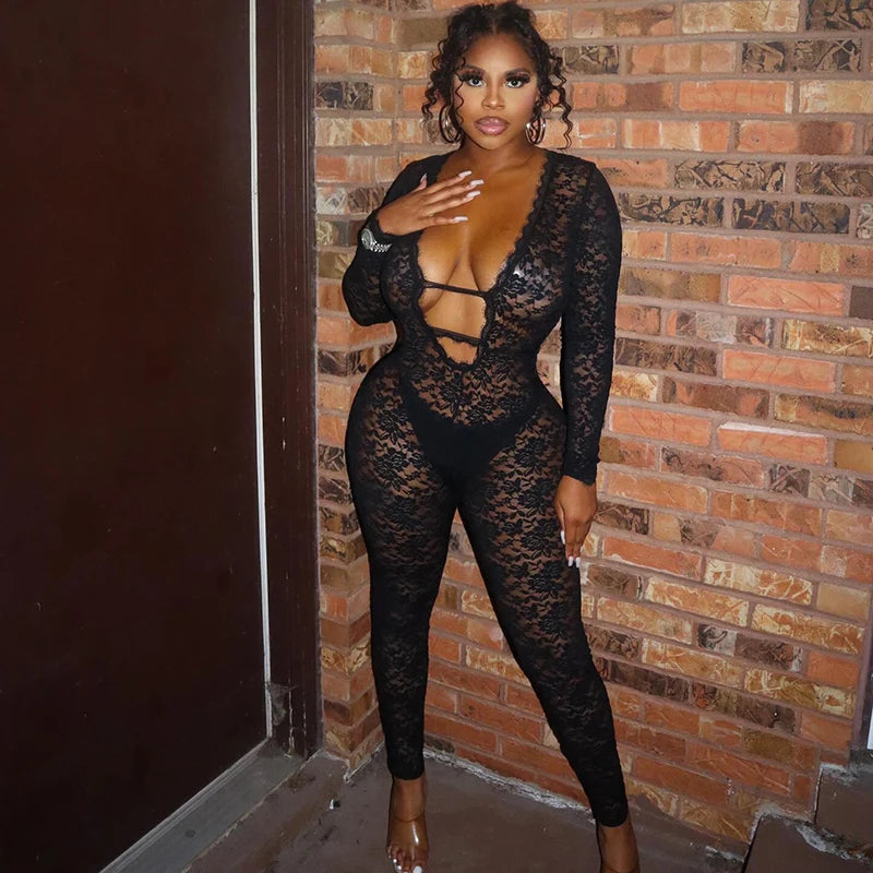Hollow Out Deep V-Neck Lace See-Through Zipper Jumpuit Evening