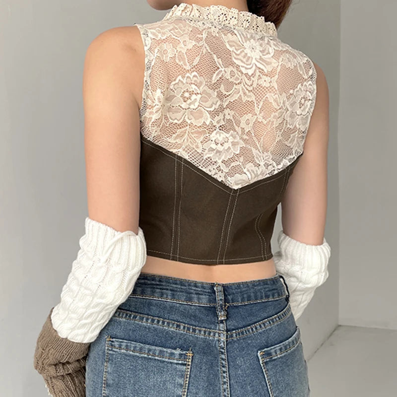 Lace Patchwork Button Up Tank Top Square Collar Sleeveless Slim