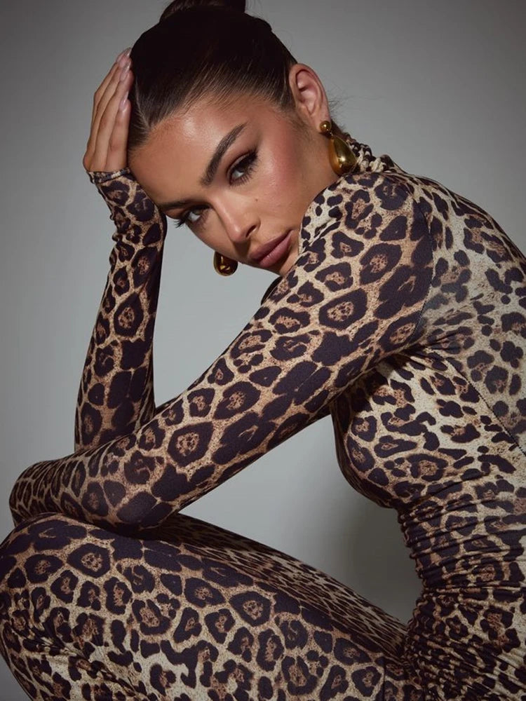 Leopard Long Sleeve Maxi Dress Turtleneck ed Bodycon Long Dress