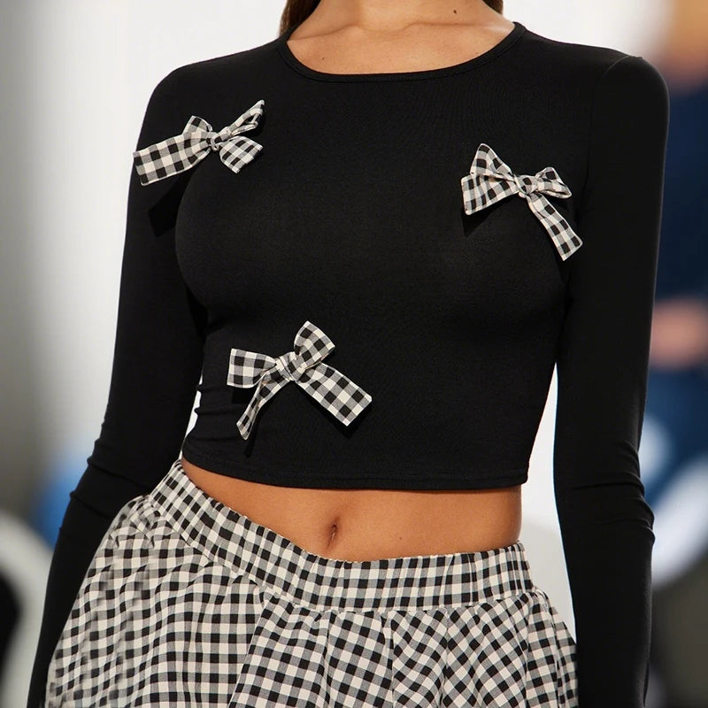Set Bowknot Dress Round Neck Long Sleeve Crop Top Sobriety Plaid Pod Mini Skirt Set Lovely tie
