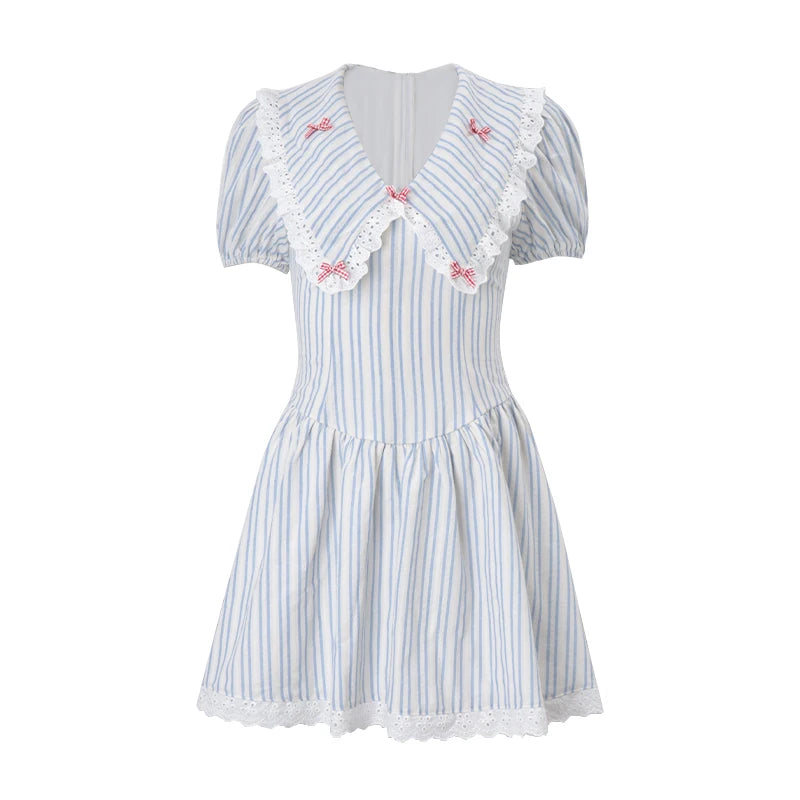 Blue Stripe Puff Sleeve A line Mini Dress