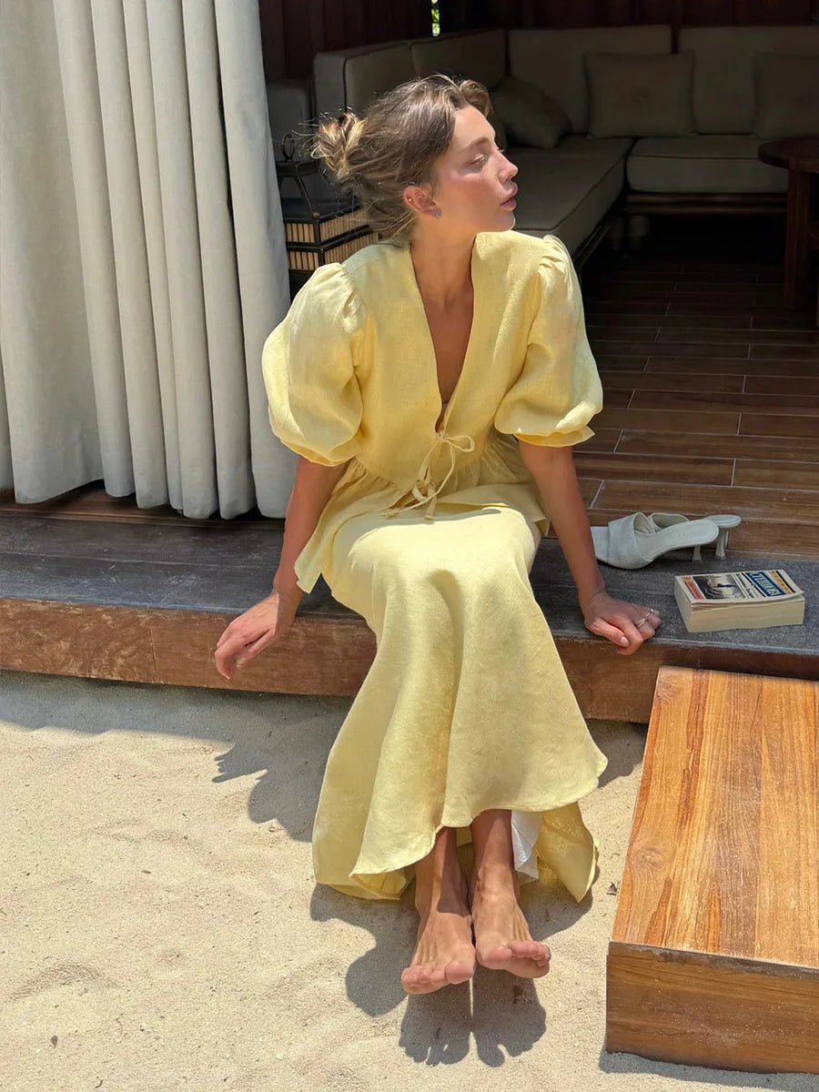 Yellow Cotton Short Sleeve Top and High Waist Midi Skirt Set