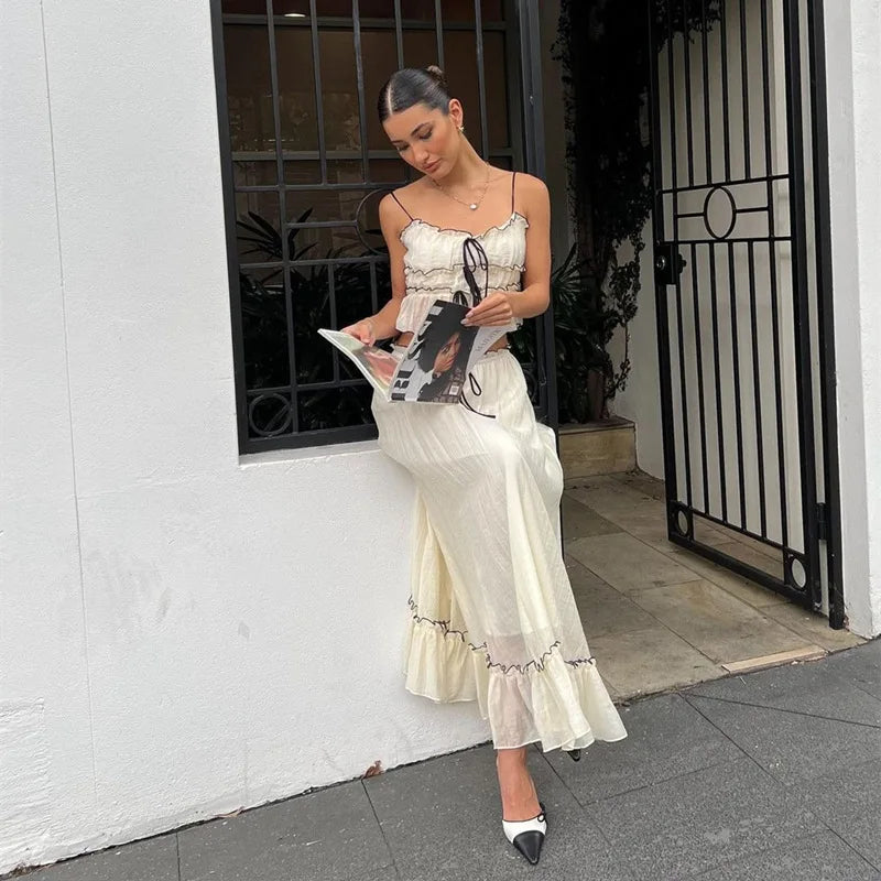 White Mesh See-Through Top and Maxi Skirt Set