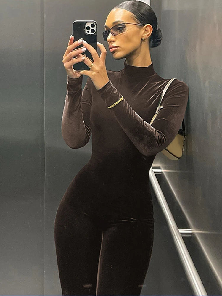 Velvet Long Sleeve O-Neck Bodycon Zipper Jumpsuit