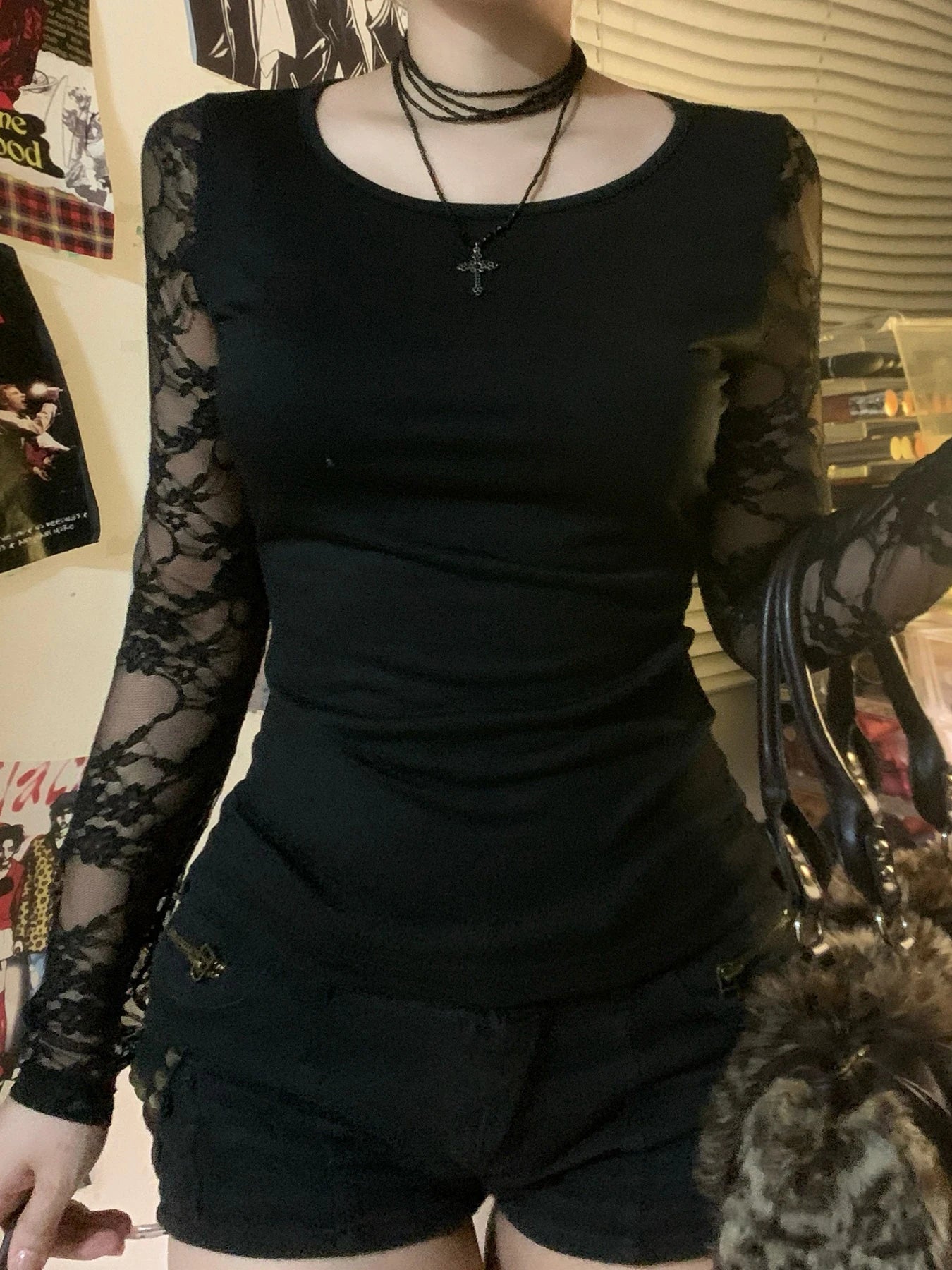 Crewneck Tee Shirts Lace Patchwork Slim Black Top