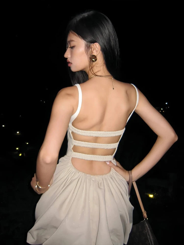 Backless Dress Patchwork Square Collar Sleeveless Ruffles Cross Hem Slim Mini Bodycon