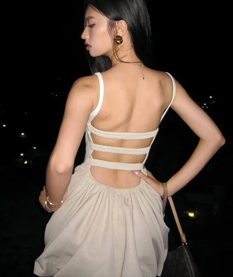 Backless Dress Patchwork Square Collar Sleeveless Ruffles Cross Hem Slim Mini Bodycon