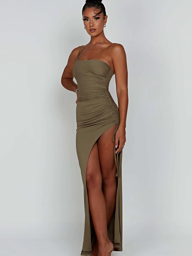 Drawstring High Slit Dress One Shoulder Slim Maxi Bodycon Pleated Dresses