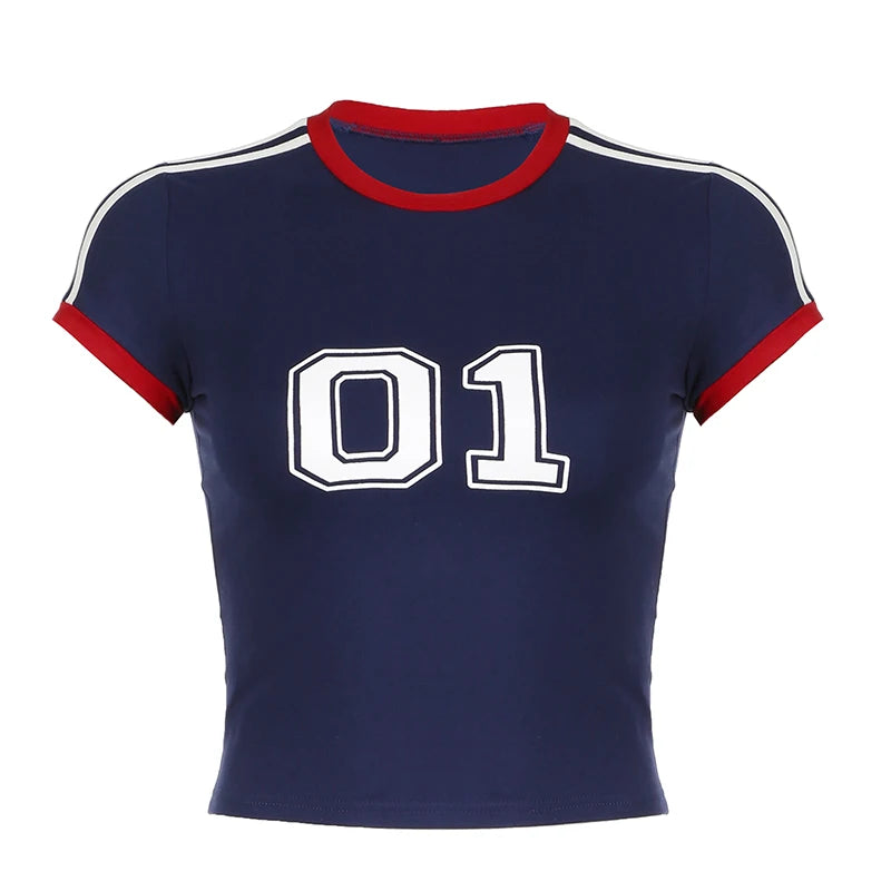 Patchwork Slim Cropped Shirts Crewneck Short Sleeves Blue Preppy Slim Top