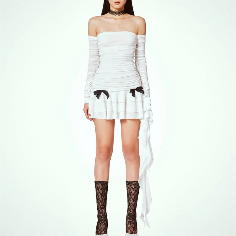White Ruched Bow Off Shoulder Mini Dress