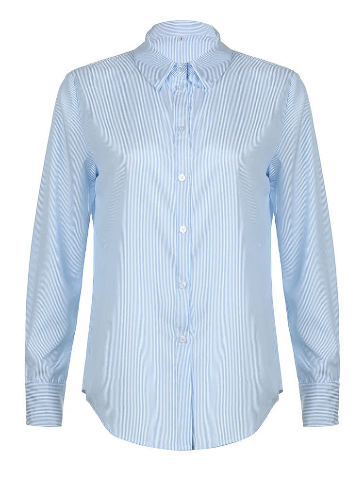 Loose Blouses Striped Print Turn-down Neck Shirts Button Up